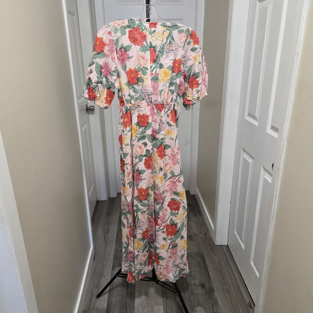 Old Navy Pink & Green Floral Midi Dress | Romantic Puff Sleeve Tie Front Dress - Picture 5 of 6